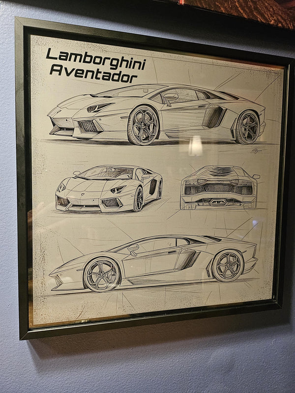 Lamborghini Aventador Blueprint – Laser Engraved Aluminum Supercar Art | Exotic Car Wall Decor | Framed Lambo Gift for Car Enthusiasts