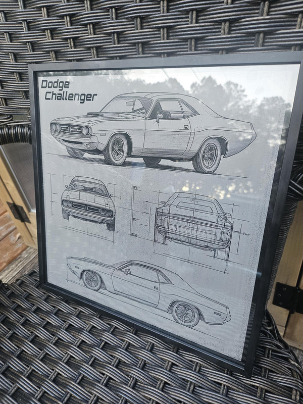 Dodge Challenger Blueprint – Laser Engraved Aluminum Muscle Car Art | Framed Wall Decor | Gift for Mopar and Car Enthusiasts