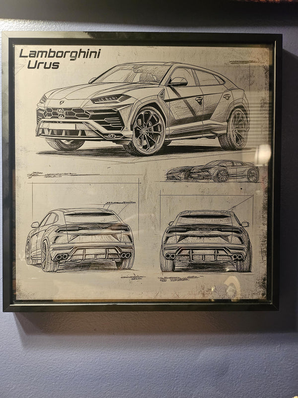 Lamborghini Urus Blueprint – Laser Engraved Aluminum SUV Art | Framed Wall Decor | Gift for Lambo Enthusiasts