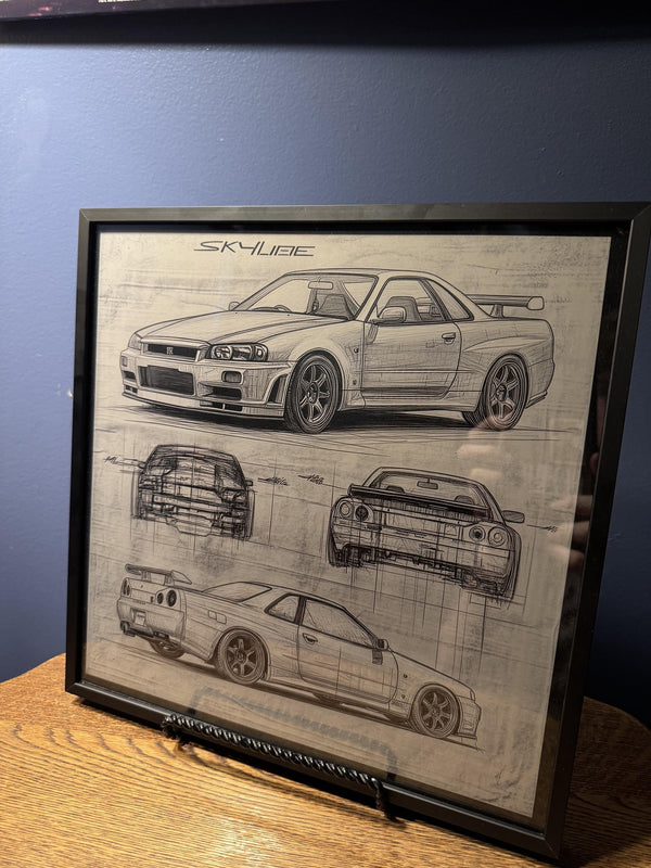R34 Skyline GT-R Blueprint – Laser Engraved Aluminum Car Print | JDM Wall Art | Framed Nissan GTR Gift for Car Enthusiasts