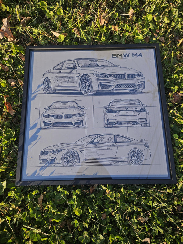 BMW M4 Blueprint – Laser Engraved Aluminum Car Print | Modern BMW Wall Art | Framed M4 Gift for Car Enthusiasts | Automotive Decor