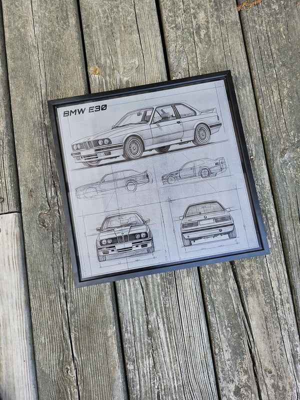 BMW E30 Blueprint – Laser Engraved Aluminum Classic Car Art | Framed Wall Decor | Vintage BMW Gift for Car Enthusiasts