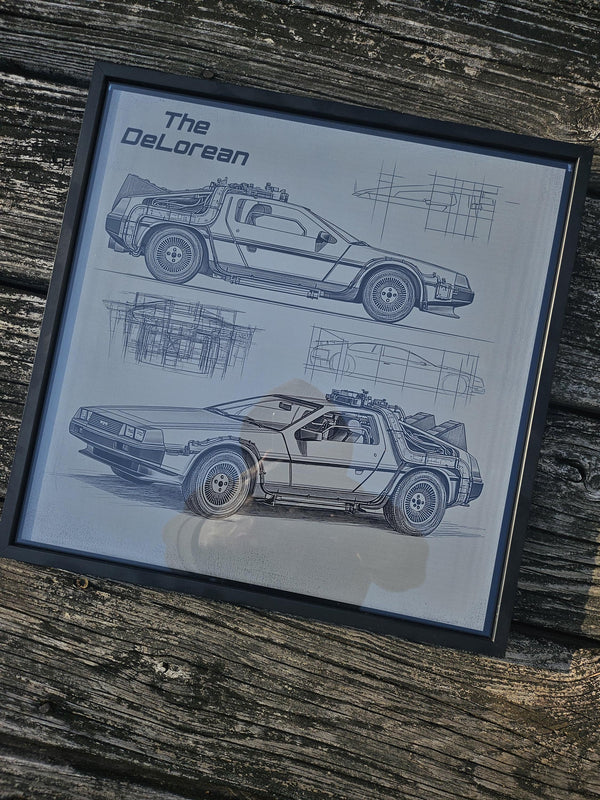DeLorean DMC-12 Blueprint – Laser Engraved Aluminum Car Art | Iconic 80s Wall Decor | Framed DeLorean Gift for Car Enthusiasts