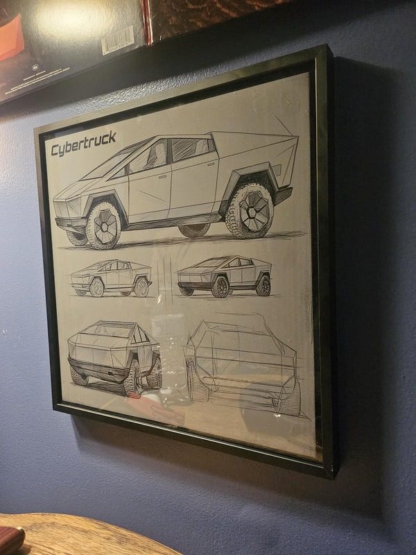 Tesla Cybertruck Blueprint – Laser Engraved Aluminum Truck Art | Futuristic Wall Decor | Framed EV Gift for Tesla Fans & Collectors