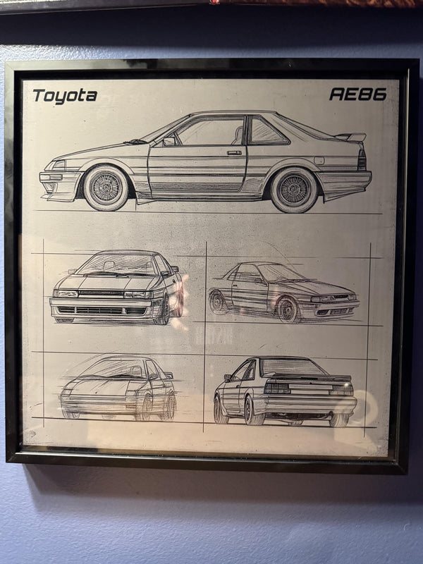 Toyota AE86 Trueno Blueprint – Laser Engraved Aluminum JDM Car Art | Framed Wall Decor | Drift Gift for Initial D Fans & Car Enthusiasts