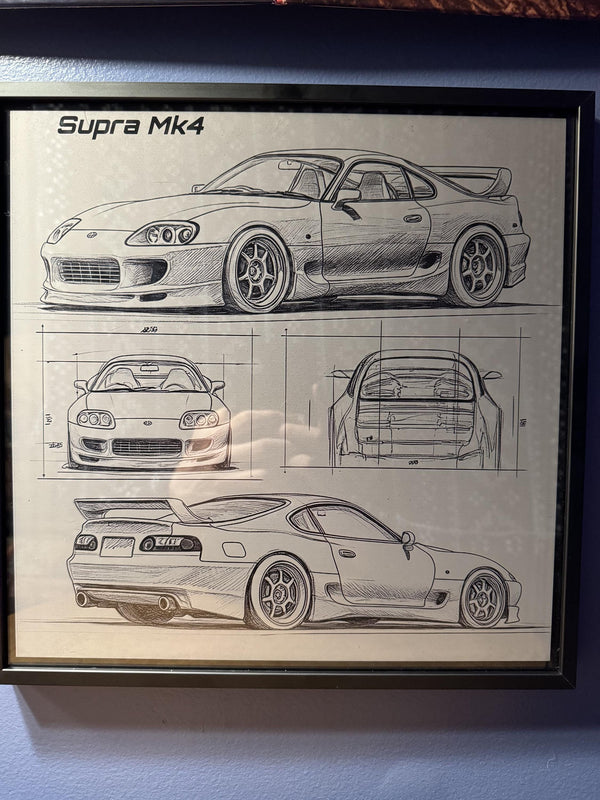 Toyota Supra MK4 Blueprint – Laser Engraved Aluminum Car Art | JDM Wall Decor | Framed Supra Gift for Car Enthusiasts | 2JZ Automotive Print