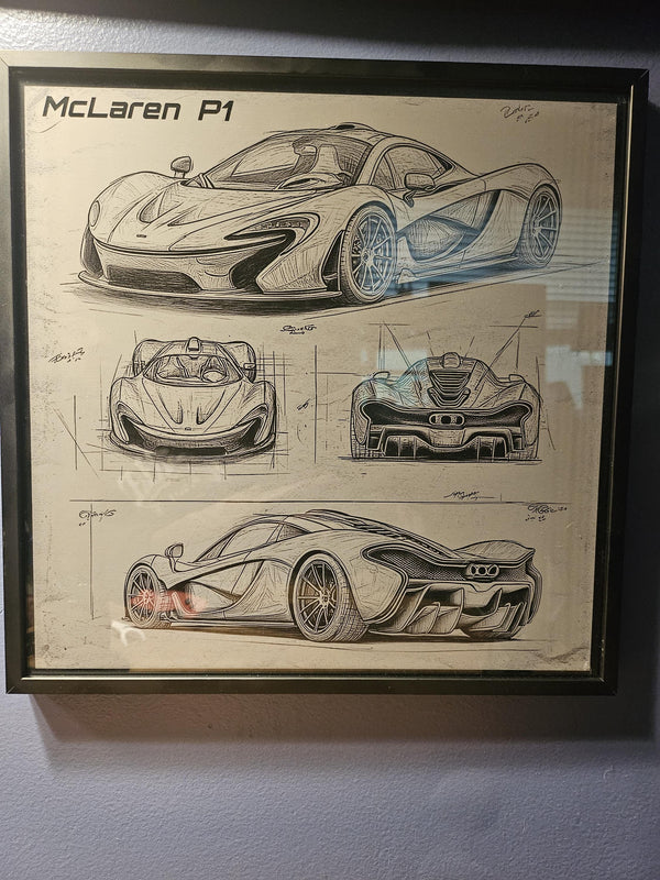 McLaren P1 Blueprint – Laser Engraved Aluminum Supercar Art | Framed Wall Decor | Hypercar Gift for Car Enthusiasts