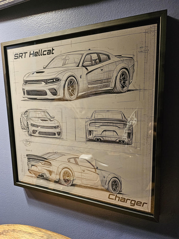 Dodge Charger SRT Hellcat Blueprint – Laser Engraved Aluminum Car Art | Muscle Car Wall Decor | Framed Hellcat Gift for Car Enthusiasts