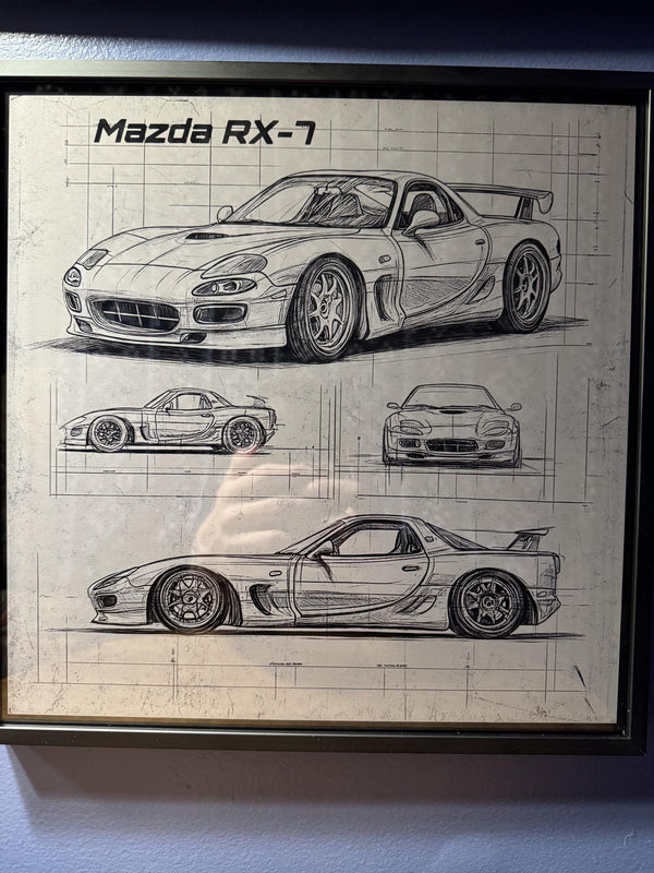 Mazda RX-7 Blueprint – Laser Engraved Aluminum Car Print | JDM Wall Art | Framed RX7 Gift for Car Enthusiasts | Rotary Engine Decor