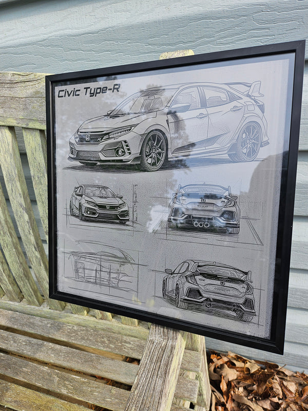 Civic Type R Blueprint – Laser Engraved Aluminum JDM Car Art | Framed Wall Decor | Gift for Honda and Car Enthusiasts