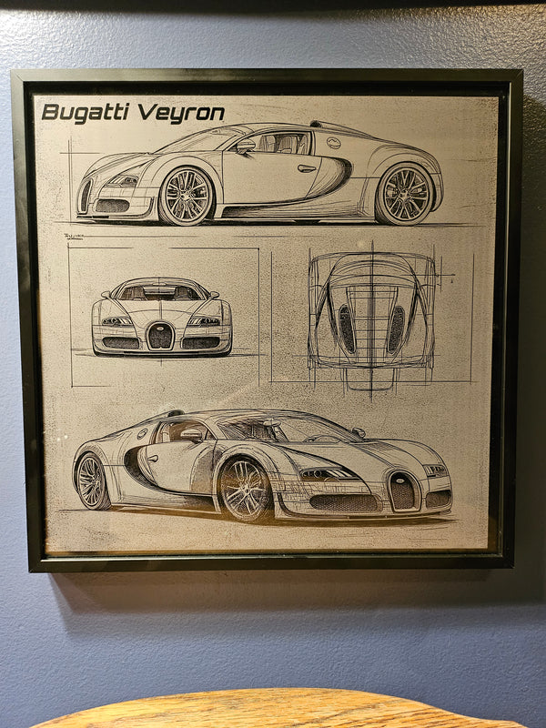 Bugatti Veyron Blueprint – Laser Engraved Aluminum Hypercar Art | Framed Wall Decor | Luxury Gift for Car Collectors & Enthusiasts