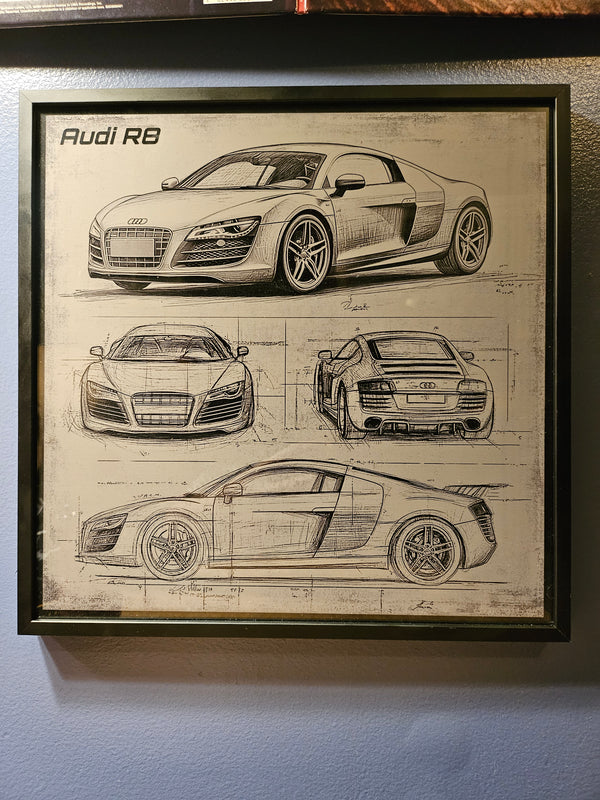 Audi R8 Blueprint – Laser Engraved Aluminum Supercar Art | Framed Wall Decor | Gift for Audi and Car Enthusiasts