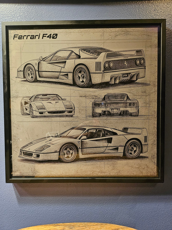 Ferrari F40 Blueprint – Laser Engraved Aluminum Supercar Art | Framed Wall Decor | Gift for Ferrari Enthusiasts & Collectors
